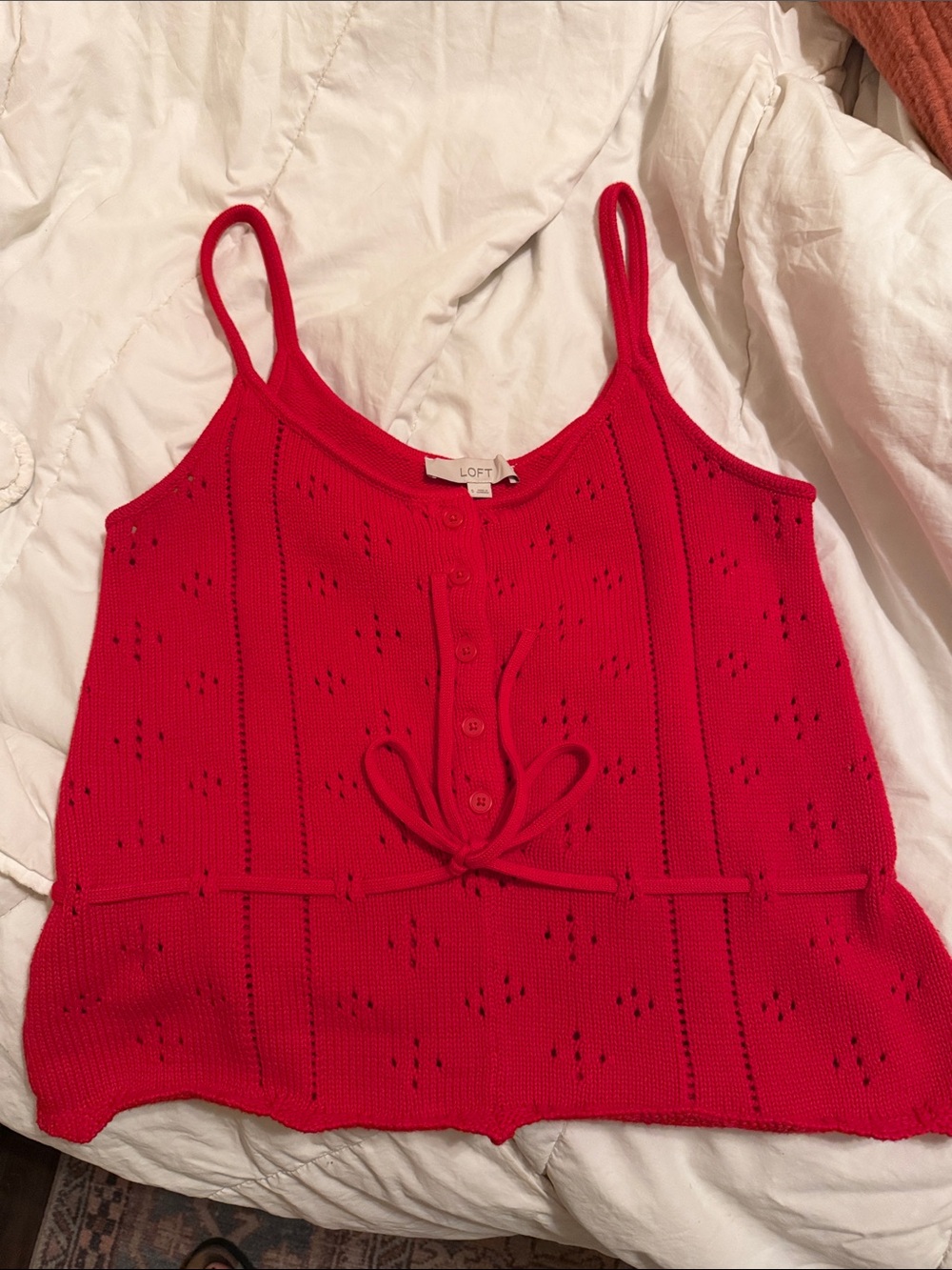 LOFT Bright Red Eyelet Knit Camisole with Tie Front